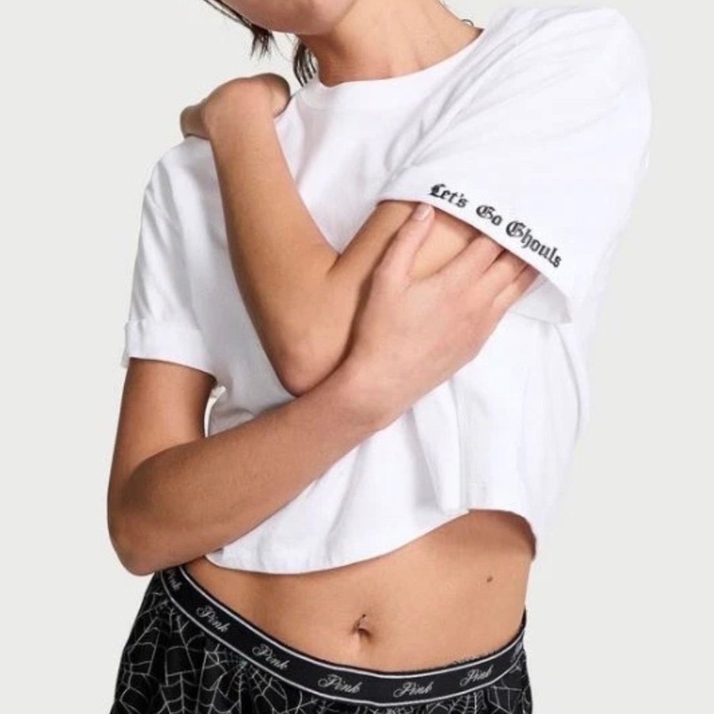 VICTORIA'S SECRET PINK "Lets Go Ghouls" Cotton Cropped Tee Halloween Sz XL New